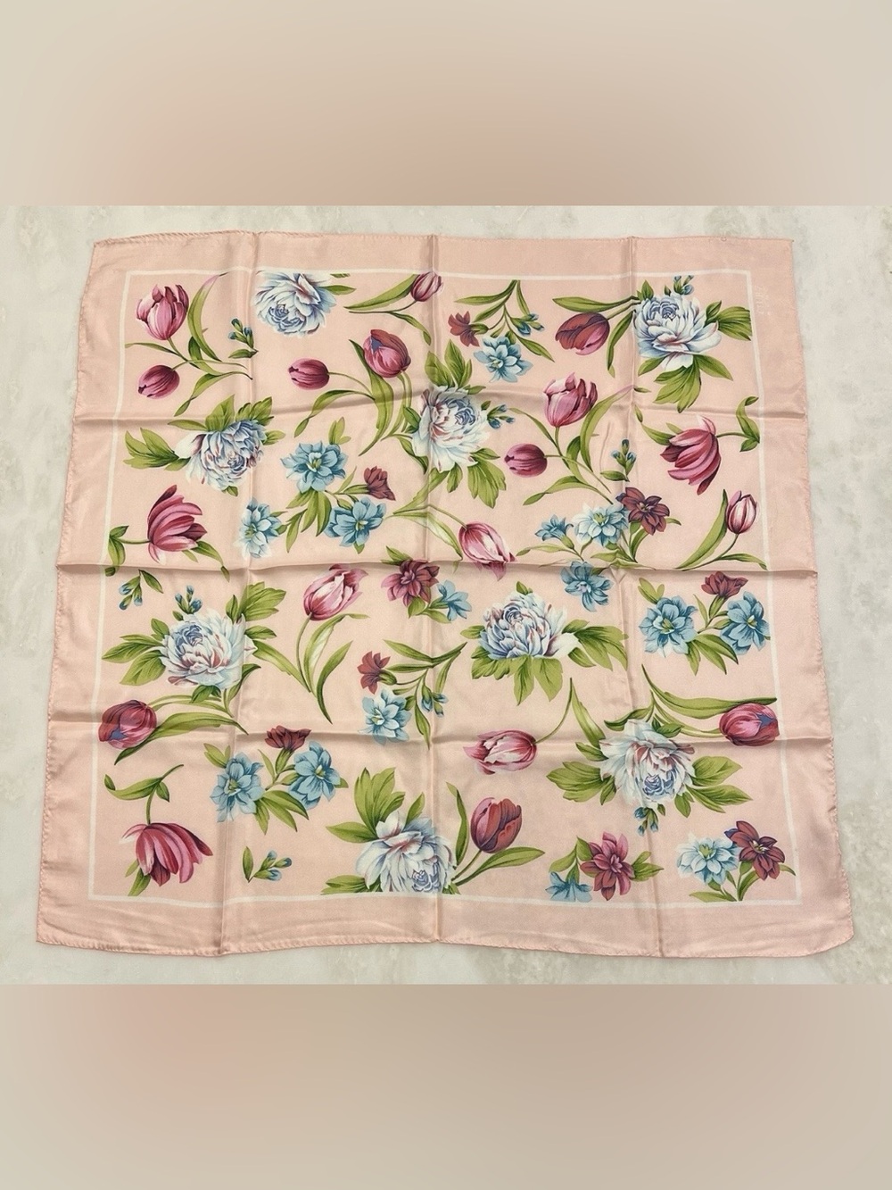 Vintage ECHO Club 7 Silk Scarf Tulips Pink Beautiful Floral Flowers Art Fashion